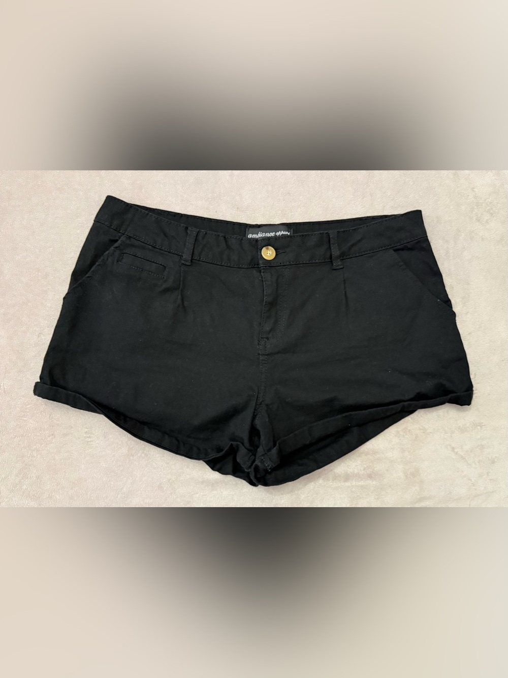 Ambiance Apparel Black High Waisted Cuffed Shorts Stretch Chino Pockets Large L